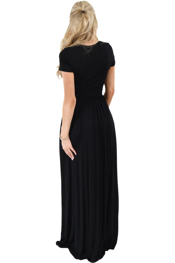 Black Short Sleeve Ruched Waist Maxi Dress