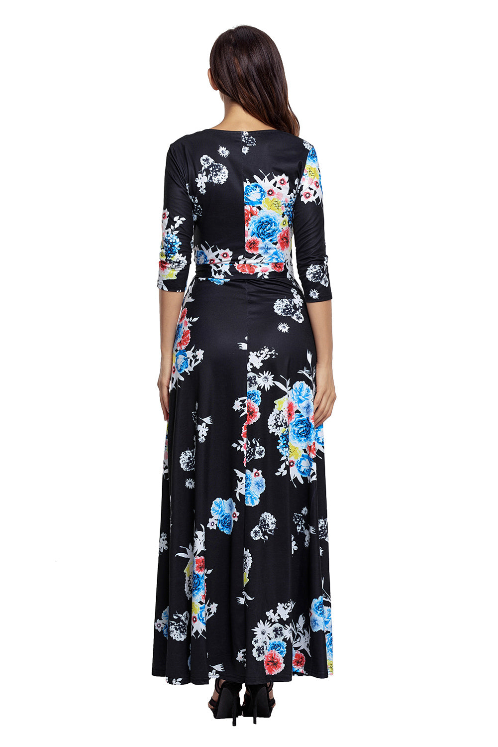 Black Floral Print Wrapped Long Boho Dress