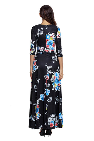 Black Floral Print Wrapped Long Boho Dress