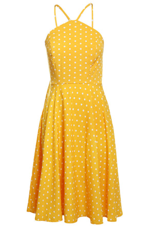Yellow White Polka Dot Flared Vintage Dress