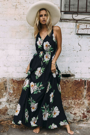 Navy Flowery Print Sexy V Neck Maxi Dress