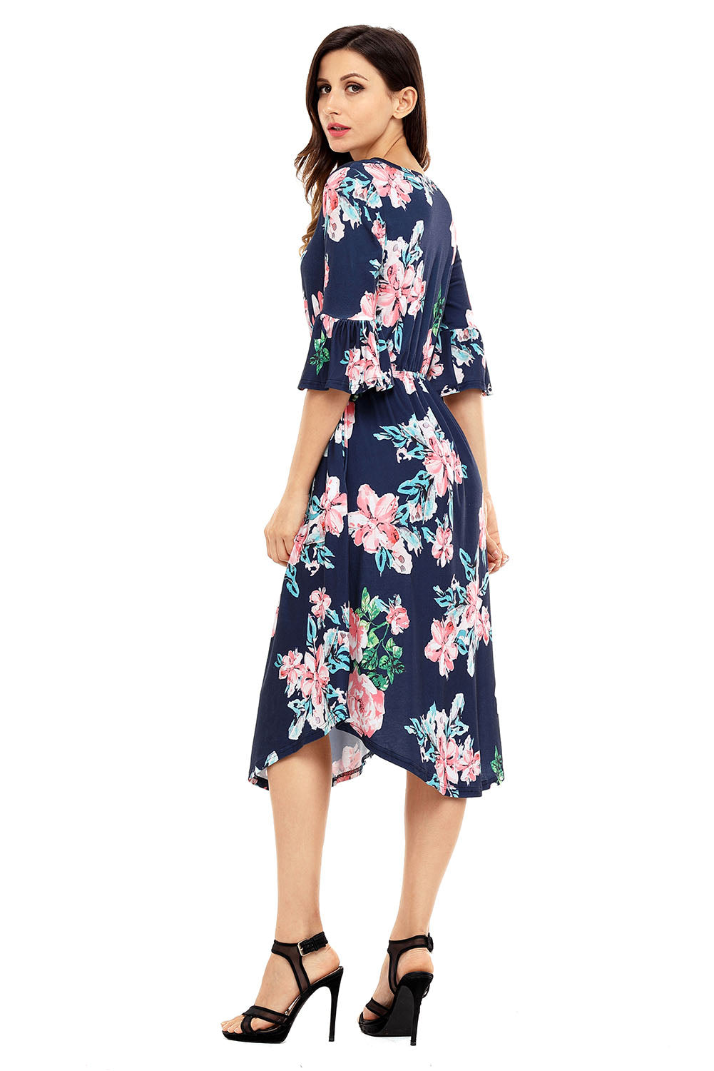 Navy Blue 3/4 Bell Sleeve Floral Midi Dress