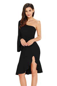 Black Twist and Ruffle Accent One Shoulder Prom Dress