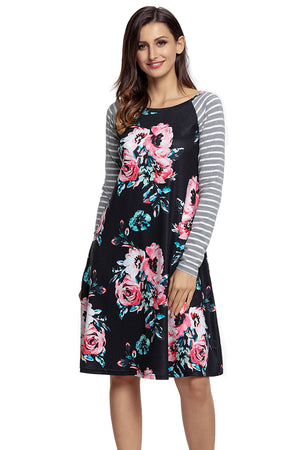 Black Floral Print Stripe Raglan Sleeve Dress