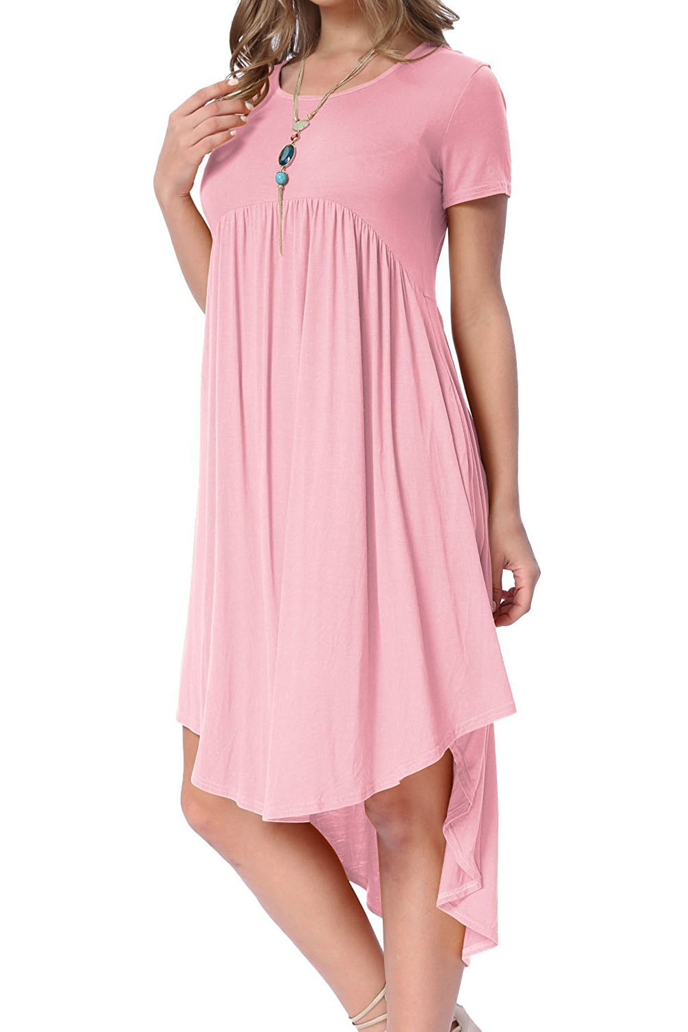 Pink Short Sleeve High Low Pleated Casual Swing Dress