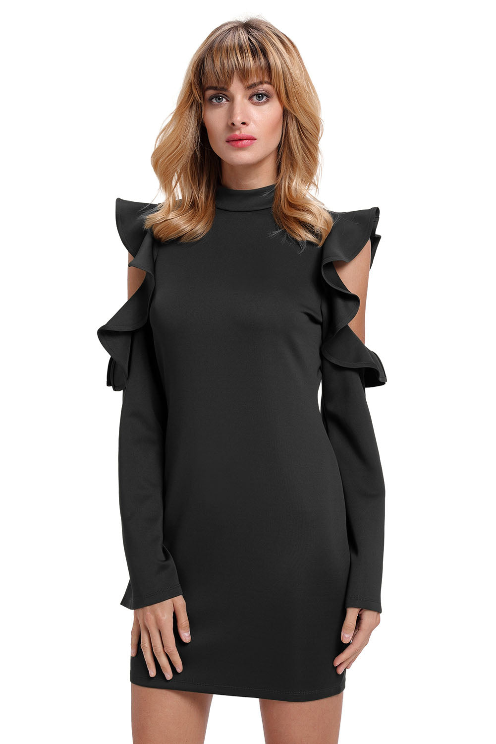 Black Cold Shoulder Ruffle Long Sleeve Bodycon Dress