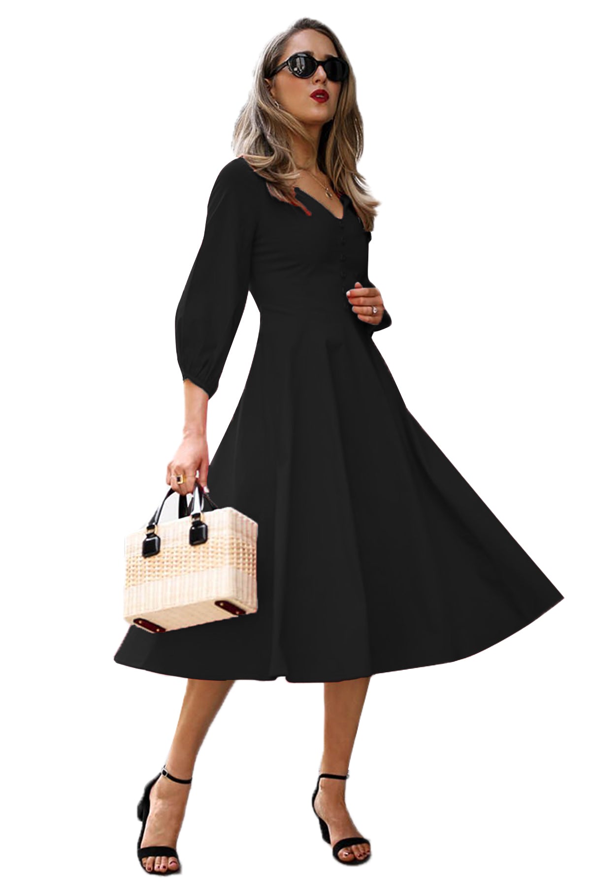 Black Button Front Balloon Sleeve Vintage Dress