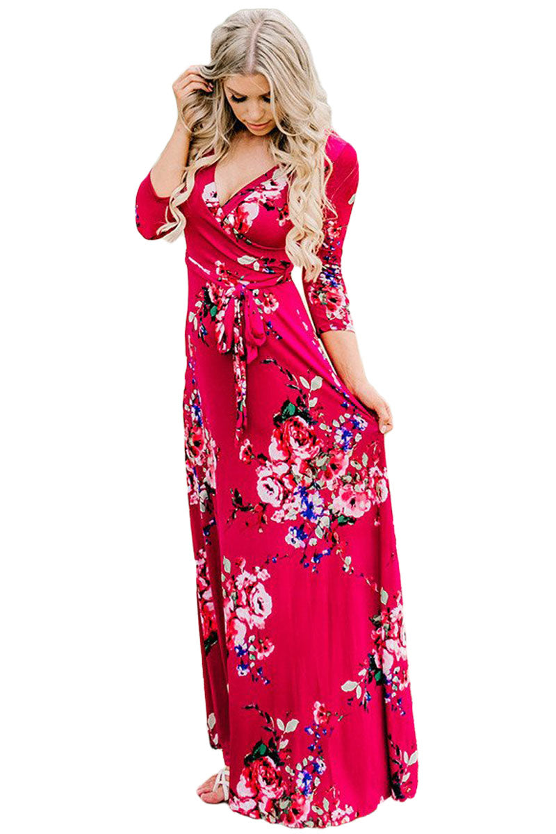 Scarlet Floral Print Wrapped Long Boho Dress