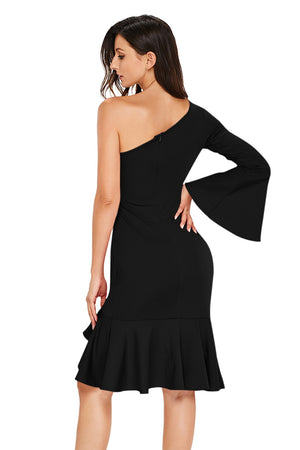 Black Twist and Ruffle Accent One Shoulder Prom Dress