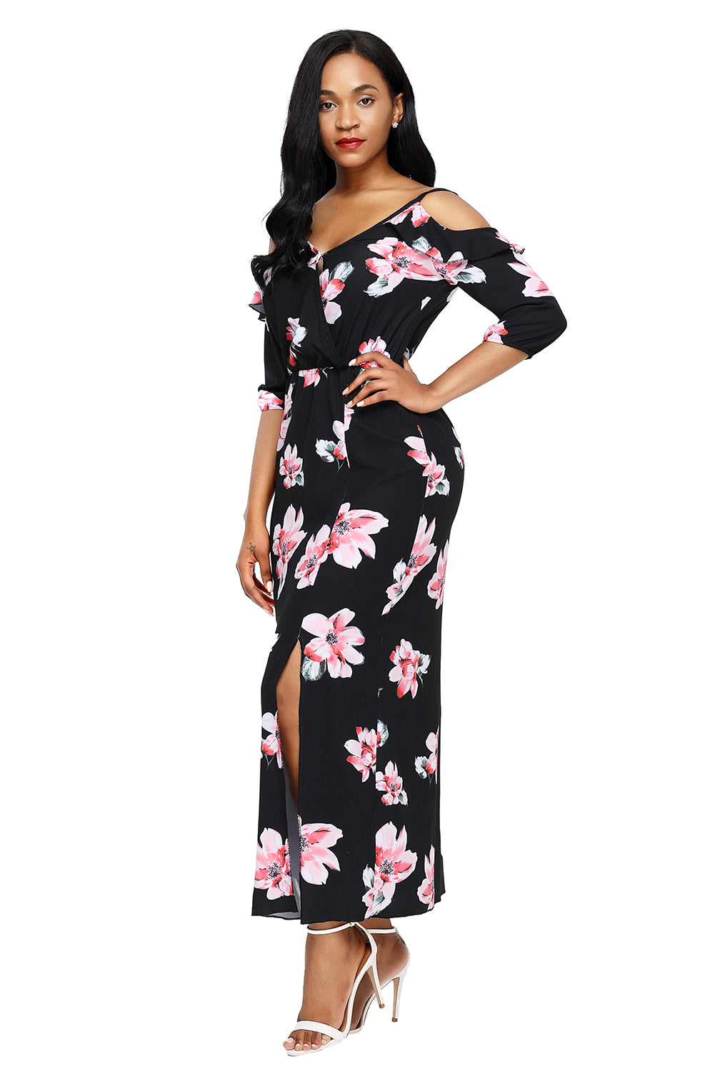 Black Cold Shoulder Floral Slit Maxi Dress