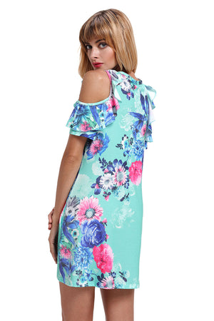 Ruffled Cold Shoulder Mint Floral Dress