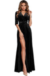 Black Surplice V Neck Velvet Party Gown with Belt