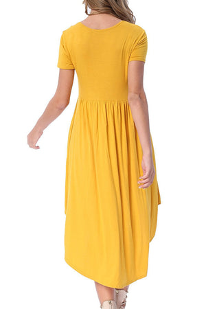 Yellow Short Sleeve High Low Pleated Casual Swing Dress