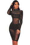 Black Iridescent Rhinestone Mock Neck Long Sleeves Dress