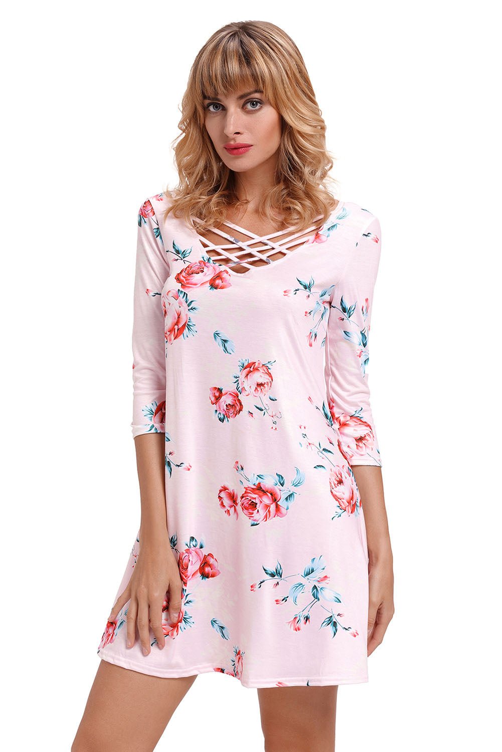 Pink Fence Neck Floral Print T Shirt Dress