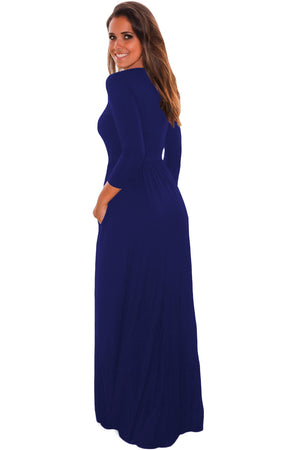 Royal Blue Pocket Design 3/4 Sleeves Maxi Dress