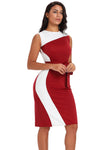 Asymmetric Burgundy White Patchwork Belted Sheath Dress