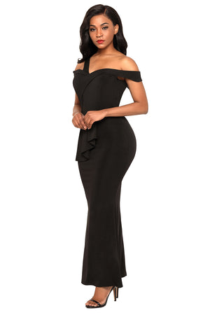 Black Asymmetric Off Shoulder Look High Waist Party Gown