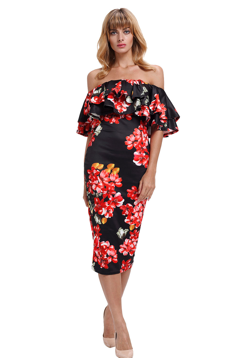 Black Red Floral Layered Ruffle Off Shoulder Midi Dress