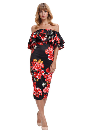 Black Red Floral Layered Ruffle Off Shoulder Midi Dress