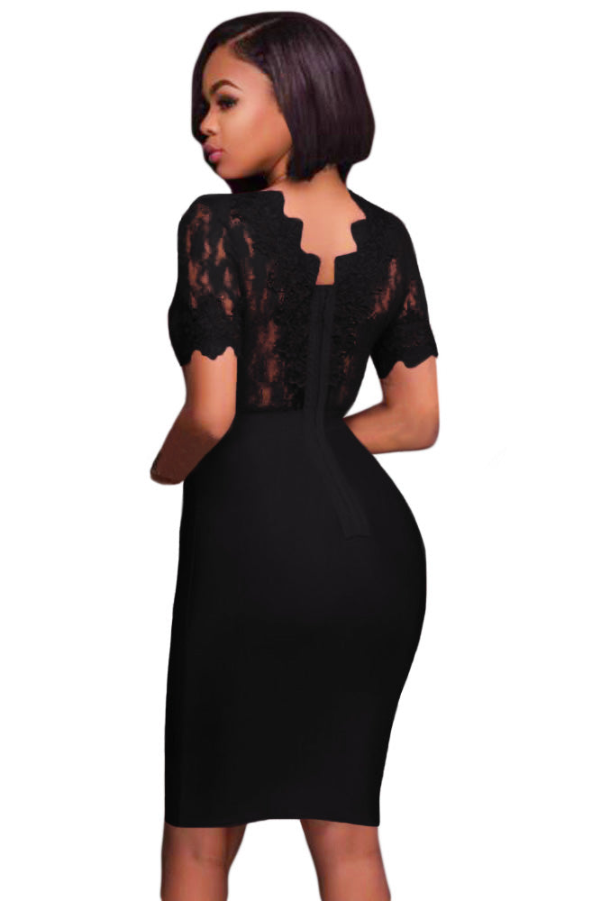 Black Deep V Neck Mesh Lace Sexy Bodycon Bandage Dress