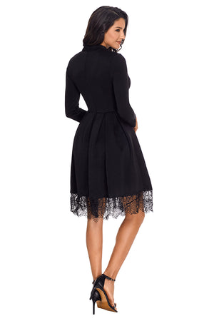 Lace Hemline Detail Black Long Sleeve Skater Dress