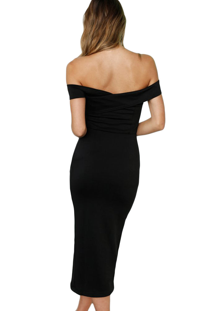 Black Bodycon Off Shoulder Split Midi Dress