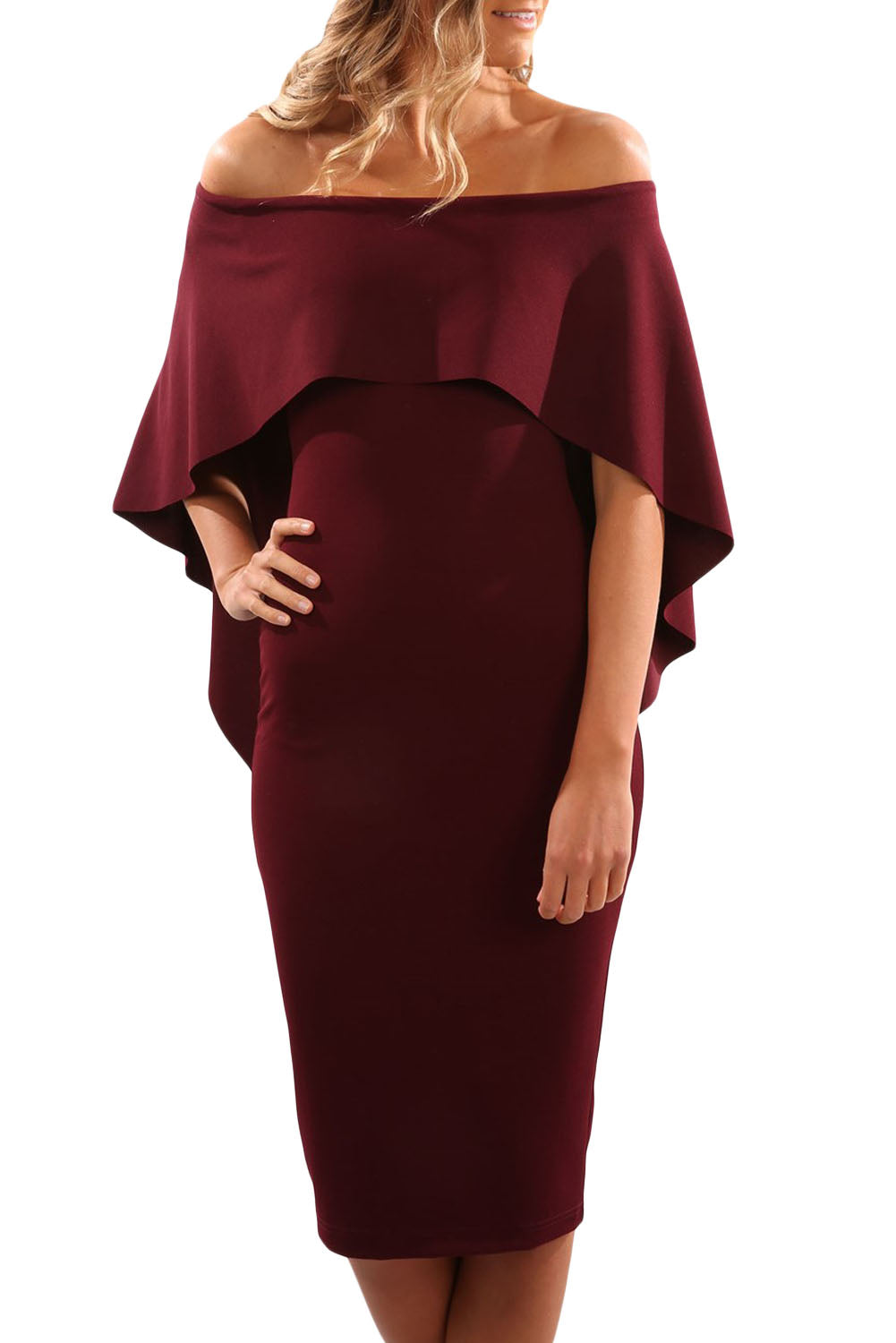 Wine Luxurious Off Shoulder Batwing Cape Midi Poncho Dress