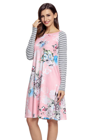 Pink Floral Print Stripe Raglan Sleeve Dress