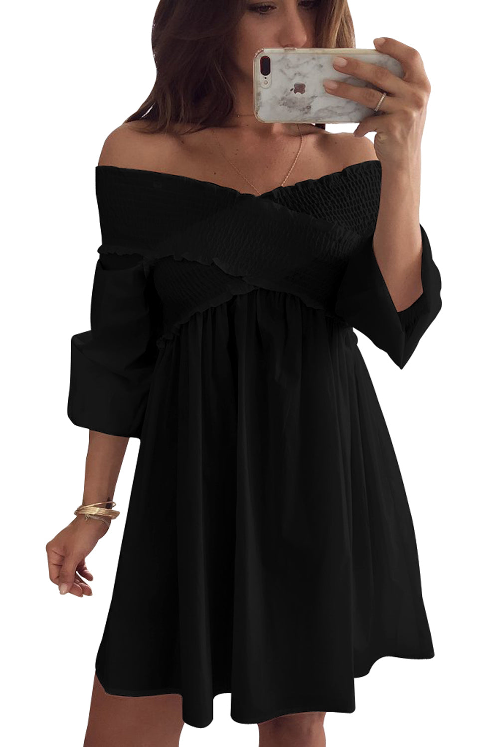Black Crossed Smocking Off Shoulder Mini Dress
