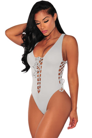 Gray Lace up High Cut Swimsuit