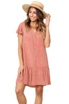 Red Polka Dot V Neck Button Down Ruffles Short T-Shirt Dress