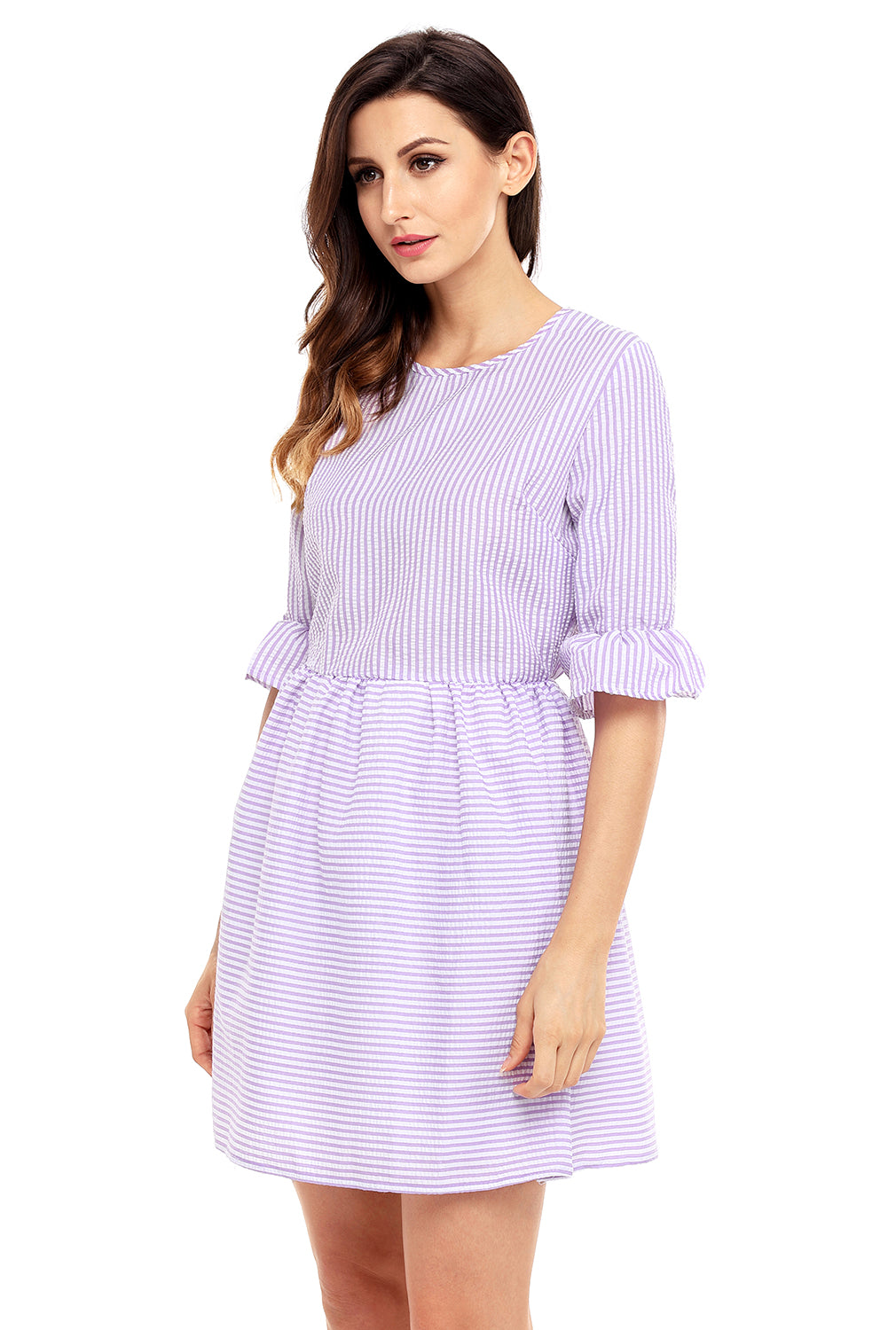 Purple White Stripe Flounce Sleeve Seersucker Dress