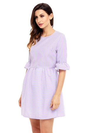 Purple White Stripe Flounce Sleeve Seersucker Dress