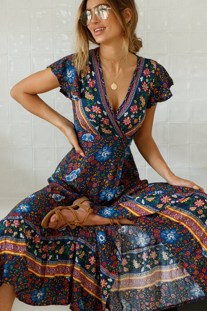 Multicolor V-Neck Beach Resort Printed Dress