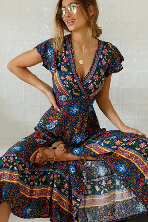 Multicolor V-Neck Beach Resort Printed Dress