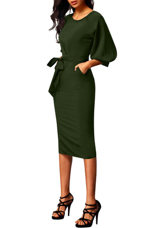 Army Green Puff Sleeve Belt Chiffon Pencil Dress