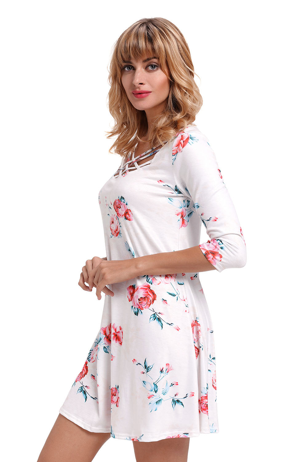 White Fence Neck Floral Print T Shirt Dress