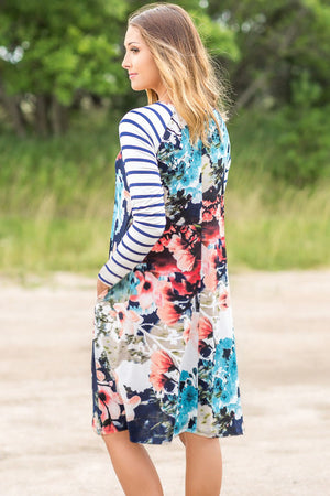 Multiple Floral Print Stripe Raglan Sleeve Dress