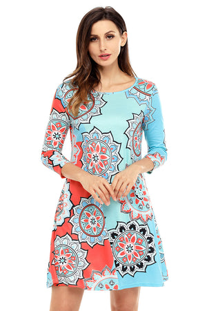 Bohemian Sunflower Print Aqua Blue Dress
