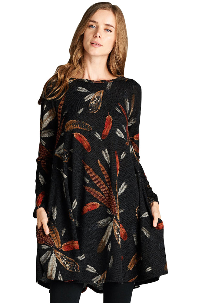 Black Feather Graphic Pocket Tunic Dress