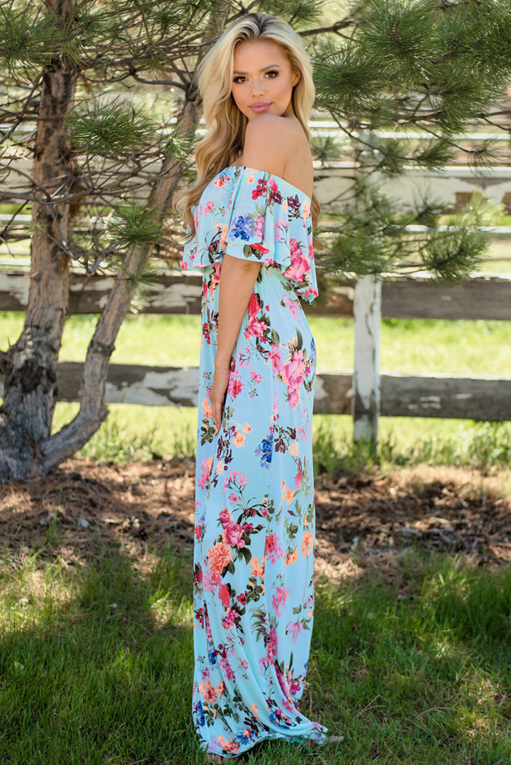 Sky Blue Ruffle Off Shoulder Floral Print Maxi Boho Dress