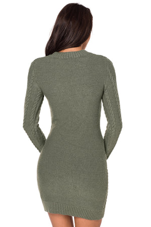 Army Green Slouchy Cable Sweater Dress