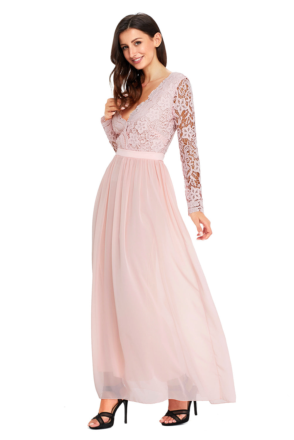 Pink Open Back Long Sleeve Crochet Maxi Party Dress