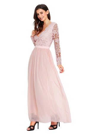Pink Open Back Long Sleeve Crochet Maxi Party Dress