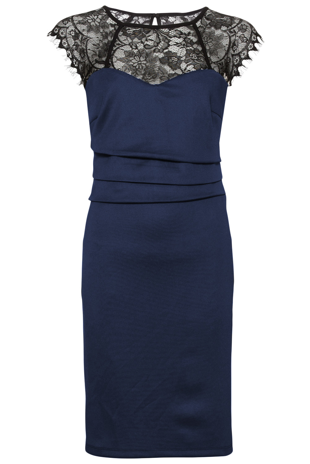 Sheer Lace Yoke Navy Sleeveless Bodycon Dress