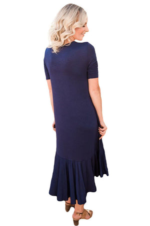 Navy Blue Flowy Ruffles Short Sleeve Casual Dress