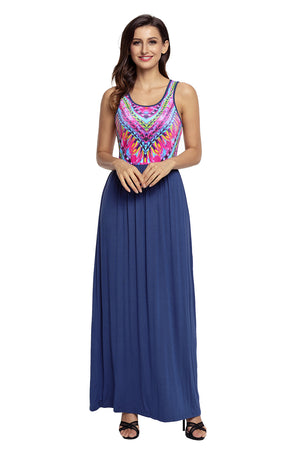 Stylish Tribal Print Sleeveless Navy Maxi Dress
