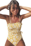 Yellow Fashion Side Tie Flower Print One Piece Swimsuit