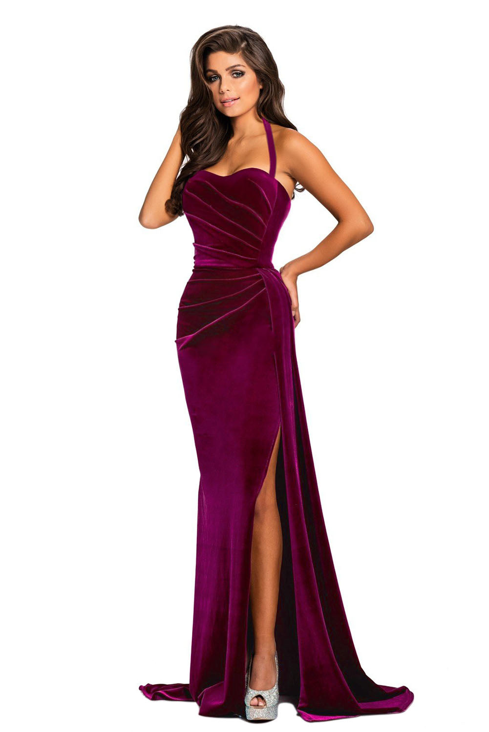 Rosy Thigh High Split Velvet Evening Gown